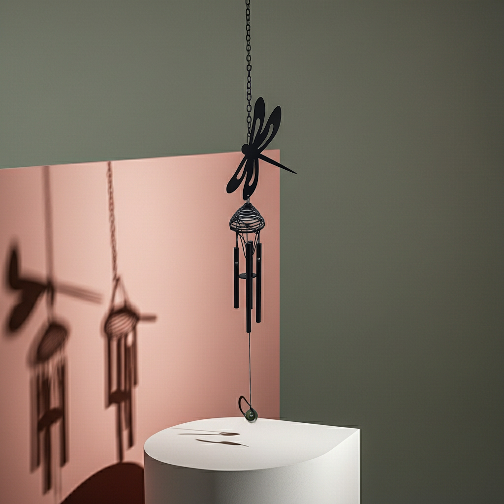 Decorative wind chime with a dragonfly design on a pink panel against a gray wall.