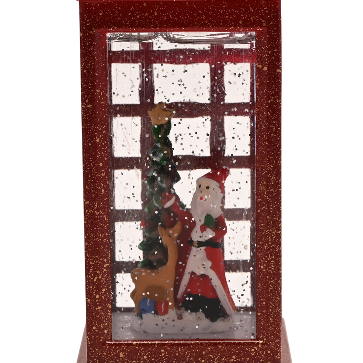Decorative window scene with Santa Claus, reindeer, and Christmas tree inside a red frame.