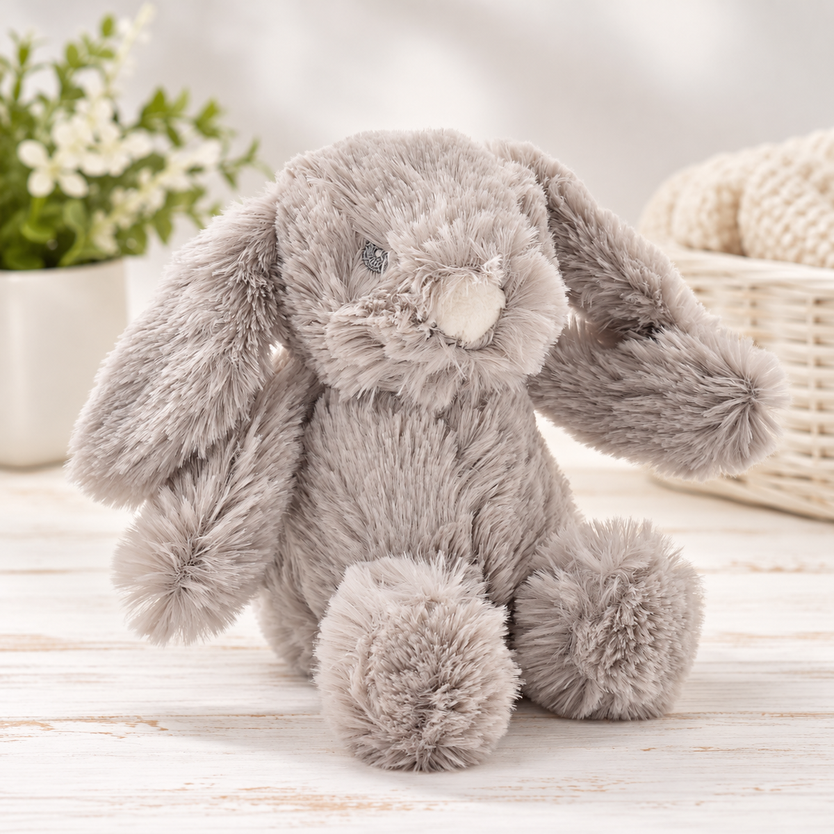 A plush gray bunny stuffed animal with long floppy ears, a soft cream-colored snout, and embroidered eyes, sitting on a light wooden surface with a blurred potted plant and woven basket in the background.
