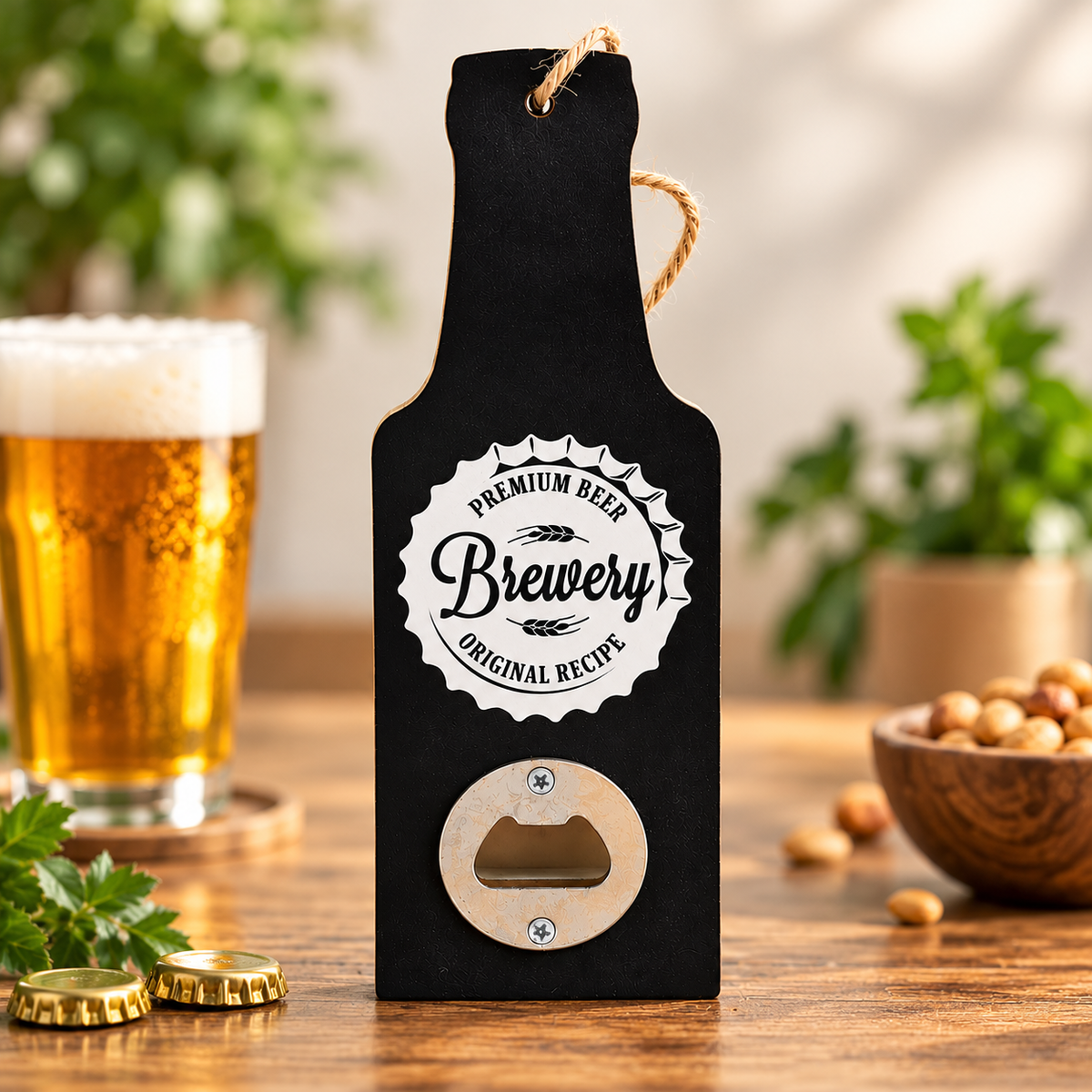 A black bottle-shaped bottle opener with a rope loop and a circular 'Premium Beer Brewery Original Recipe' label, shown on a wooden table with a glass of beer, bottle caps, and nuts in a softly blurred setting.