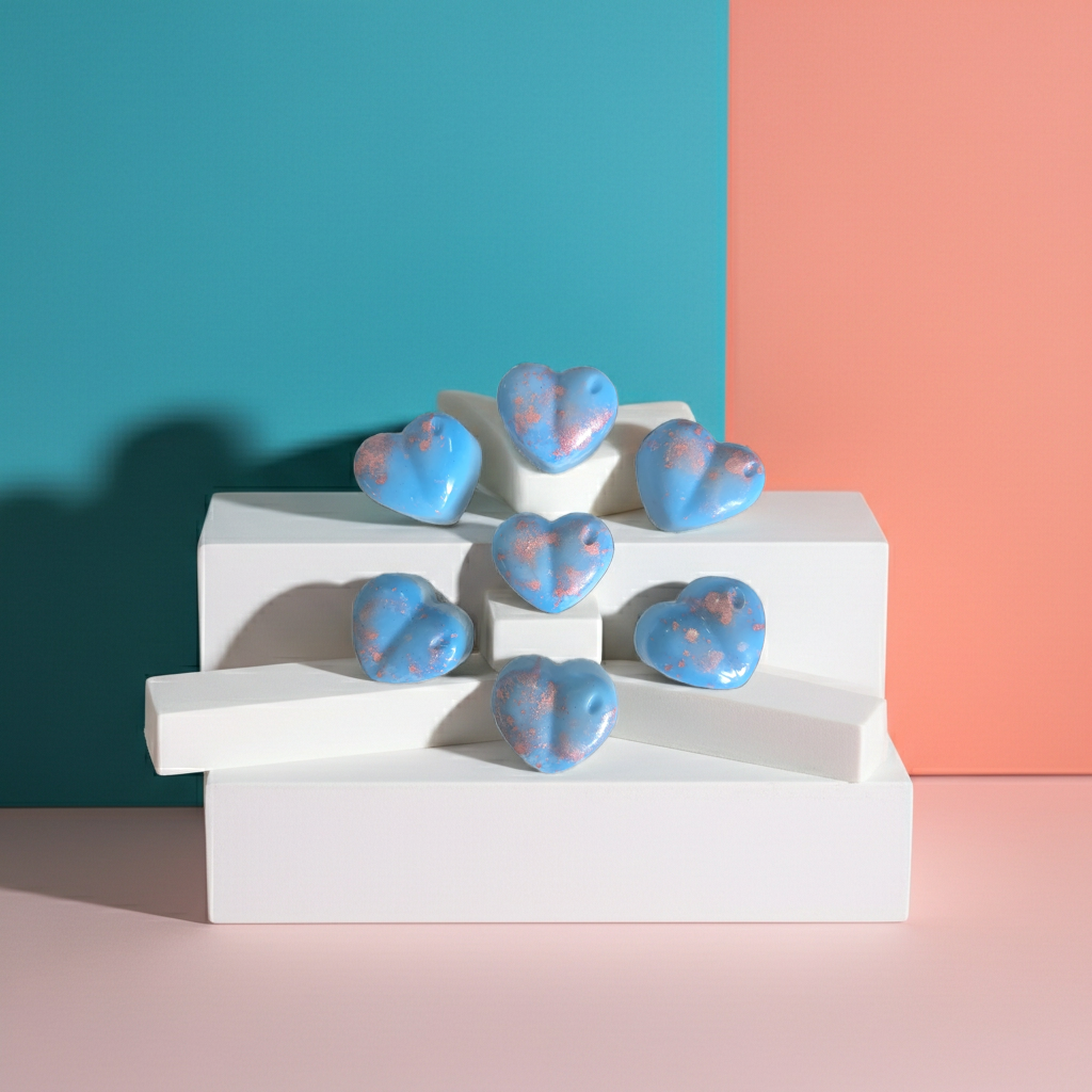A Blue, with pink tones, heart-shaped wax melt with a bubblegum scent. on a white platform with a colourful background