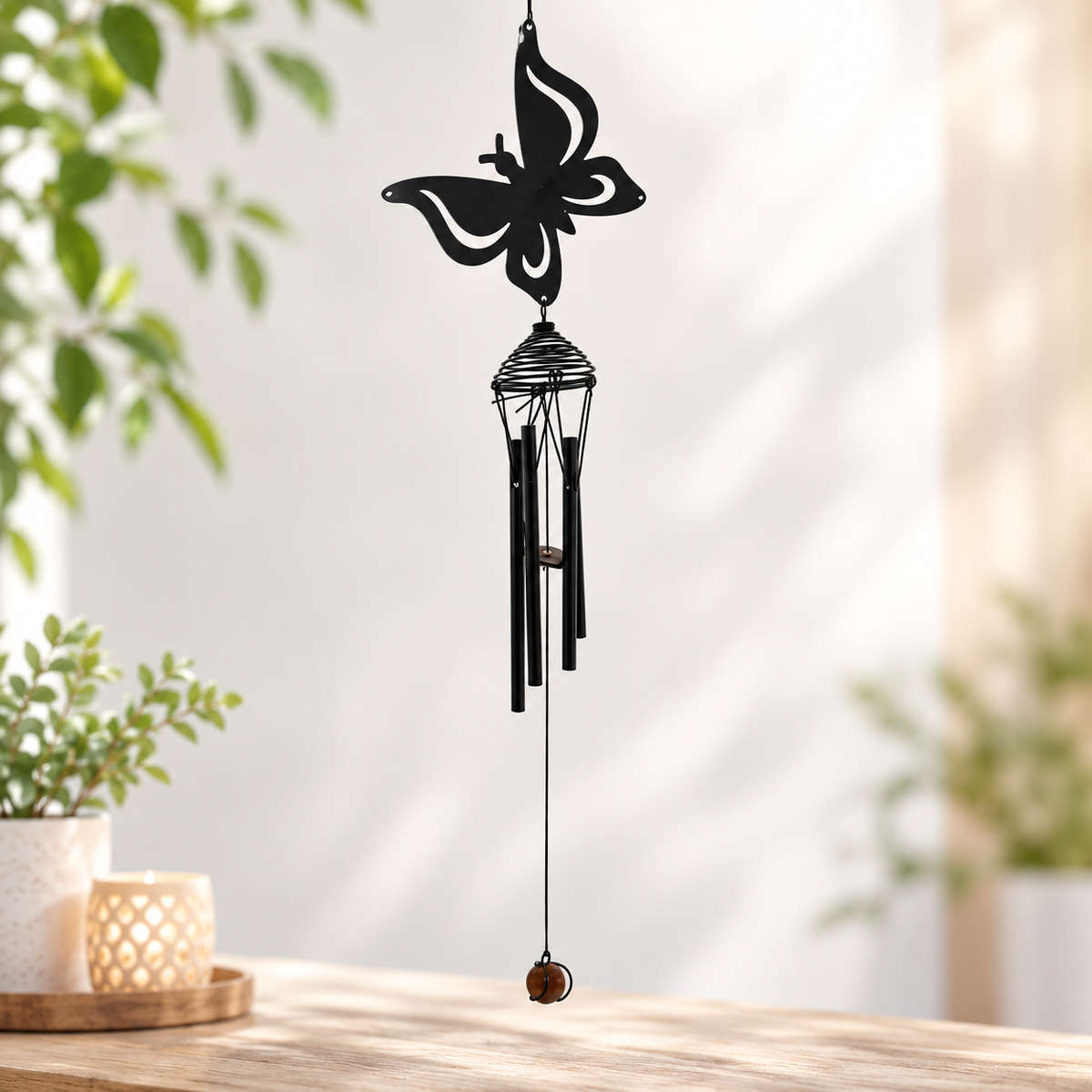 A black metal butterfly wind chime hanging from a wooden table in a softly lit indoor setting with blurred green plants in the background.