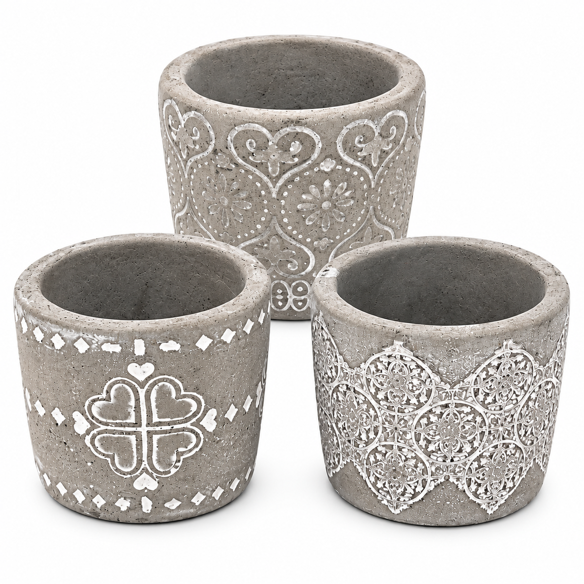 Three gray concrete-style candle holders with white decorative patterns, arranged on a white background.
