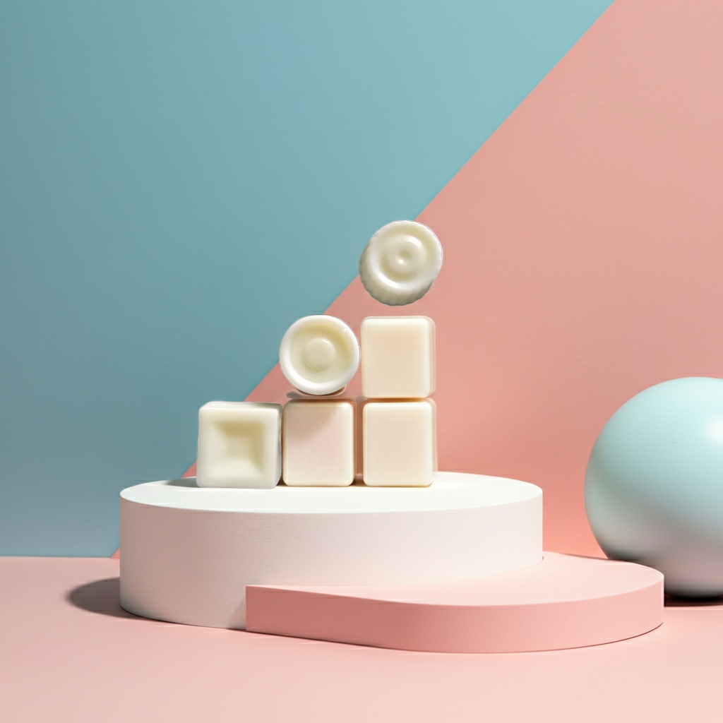 Stack of white soya wax melts shaped as cubes and rounds scented with coconut sat on a pink platform against a pastel blue and pink background