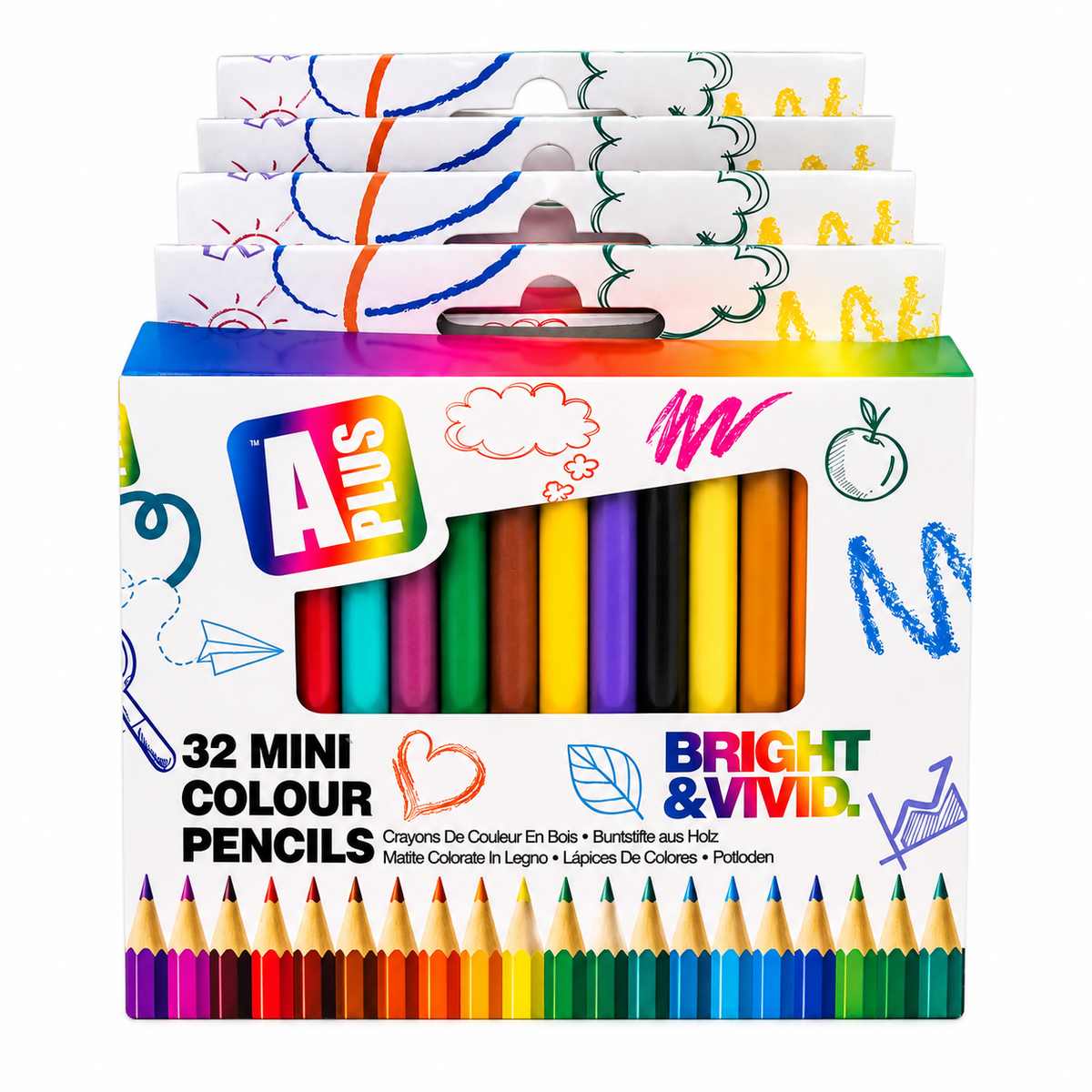 A retail display box of A Plus 32 Mini Colour Pencils, featuring a white cardboard packaging decorated with colorful scribbles and drawings, with a clear window showing the array of vibrant colored pencils inside.