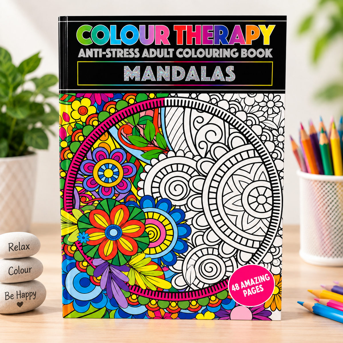 A hardcover coloring book titled 'Colour Therapy Anti-Stress Adult Colouring Book: Mandalas' stands on a light wood surface. The cover shows a split design with a colorful filled mandala on the left and black-and-white line art on the right.