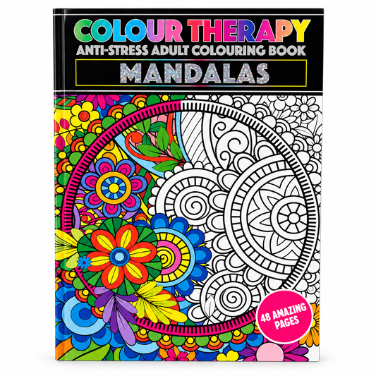 Colour Therapy Anti-Stress Adult Colouring Book: Mandalas, featuring a black cover with colorful title text and a split design showing a fully colored mandala on the left and an uncolored black-and-white template on the right.