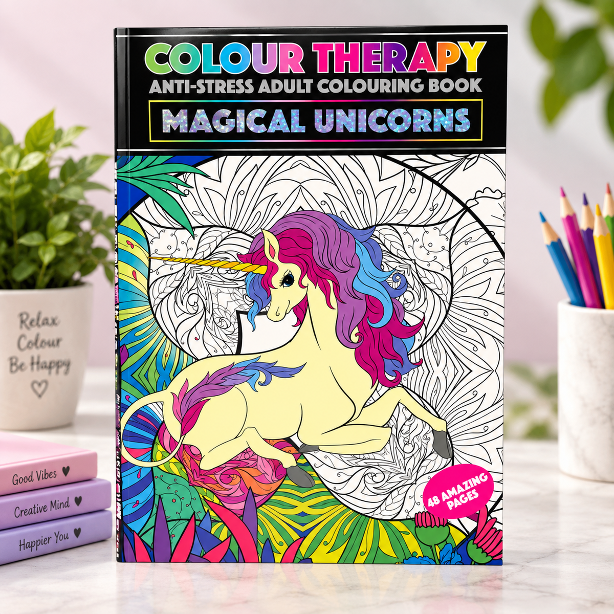 A hardcover adult coloring book titled 'Colour Therapy Anti-Stress Adult Colouring Book: Magical Unicorns' standing upright on a marble surface. The cover shows a colorful illustrated unicorn with a rainbow mane and a black-and-white line-art background.
