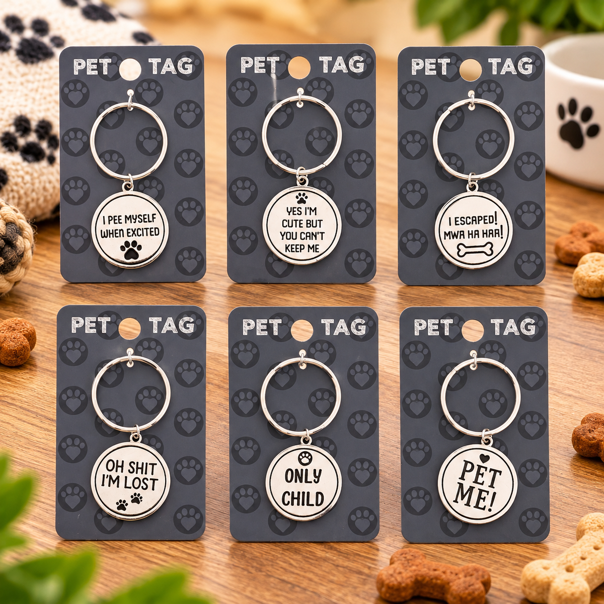 6 Novelty pet tags on separate black cards with paw prints on a wooden table with bone shaped dog biscuits a blurry plant and other pet accessories each tag has a different saying