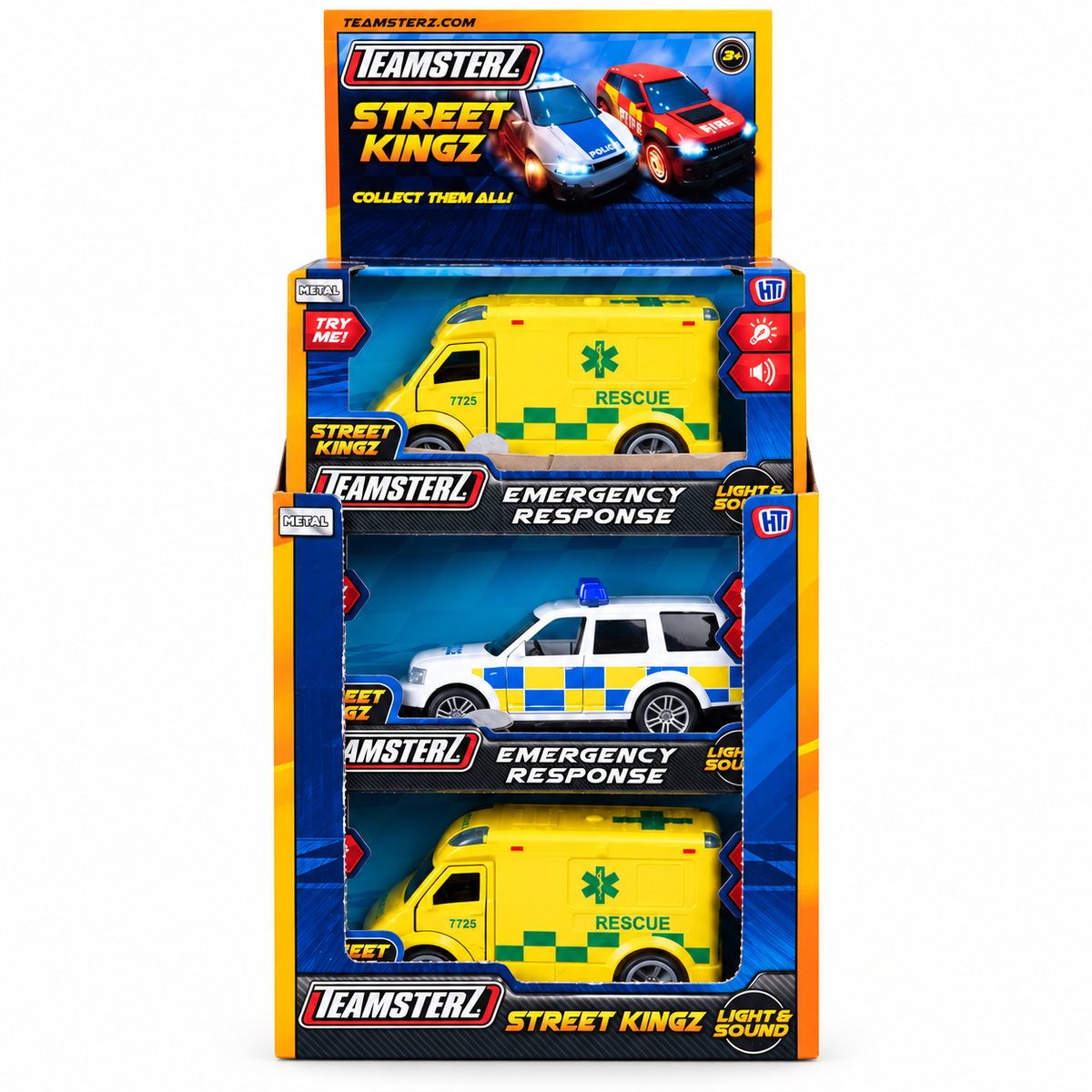 Teamsterz Street Kingz toy vehicle set in retail display packaging, featuring three toy emergency vehicles: a yellow ambulance, a white police car, and another yellow ambulance.