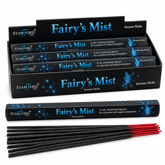Fairy's Mist incense sticks by Stamford Inc., shown in a black display box, an individual package, and several loose sticks with red tips on a white background.