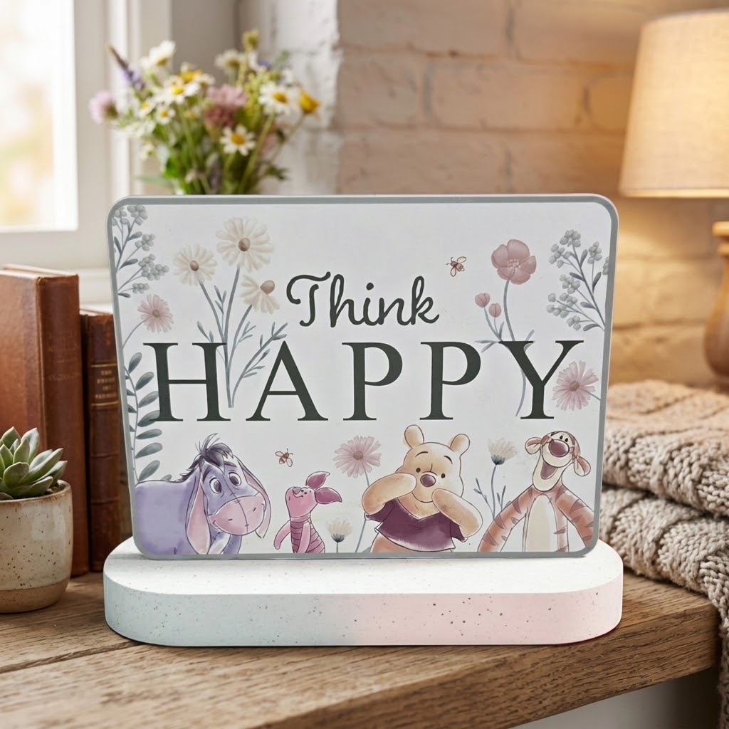 A decorative tabletop sign with the words “Think HAPPY” in dark lettering, surrounded by floral illustrations and cartoon characters including Winnie the Pooh, Tigger, and Eeyore, displayed on a light-colored base on a wooden table in a cozy indoor setting.