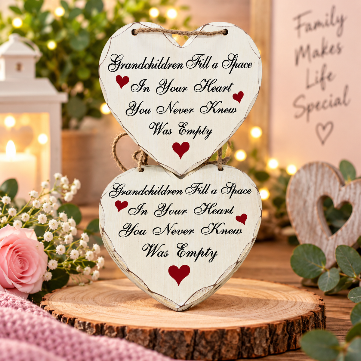 Two stacked heart-shaped wooden hanging plaques with engraved sentimental text about grandchildren, displayed on a rustic wood slice with warm boho-style background decor.