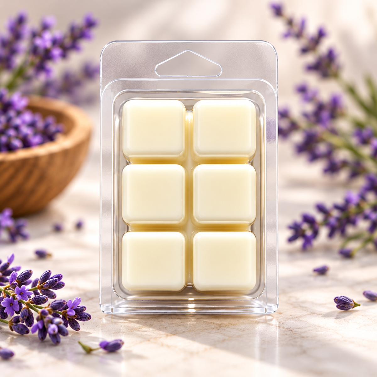A clear plastic blister pack containing six pale cream wax melts or soap cubes, styled on a light marble surface with lavender sprigs and a wooden bowl in the background.
