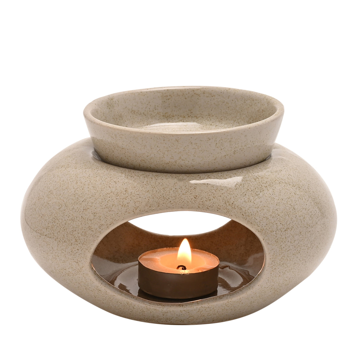 Hestia, Beige and speckled pebble shaped ceramic wax/oil burner with a removable bowl and ampul room for a lit candle inside