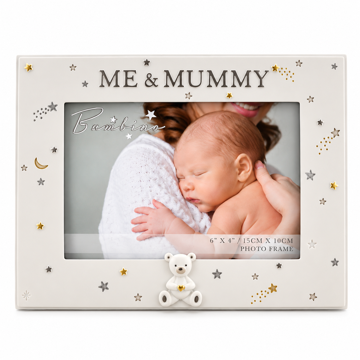 A personalized cream-colored photo frame with 'ME & MUMMY' printed at the top, decorated with star and moon cutouts, a small 3D teddy bear at the bottom, and a sample photo of a baby sleeping on a mother's chest.