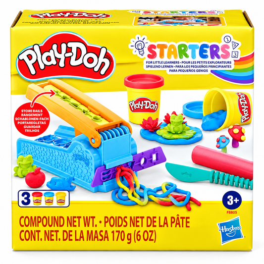 Play-Doh Starters Compound modelling clay set in its original yellow retail box, featuring a blue compound machine, clay tools, and colourful clay pieces pictured on the front. on a. white background