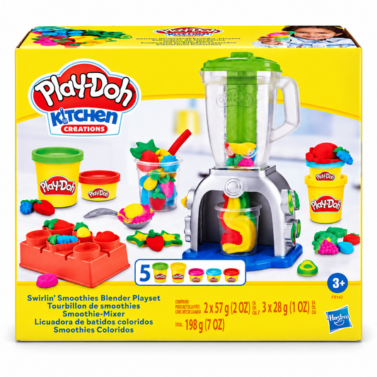 Play-Doh Kitchen Creations Swirlin' Smoothies Blender playset in its retail box, featuring a colorful blender toy with smoothie mixture, multiple Play-Doh color cups, a sculpting mold, and building blocks on a bright yellow package.