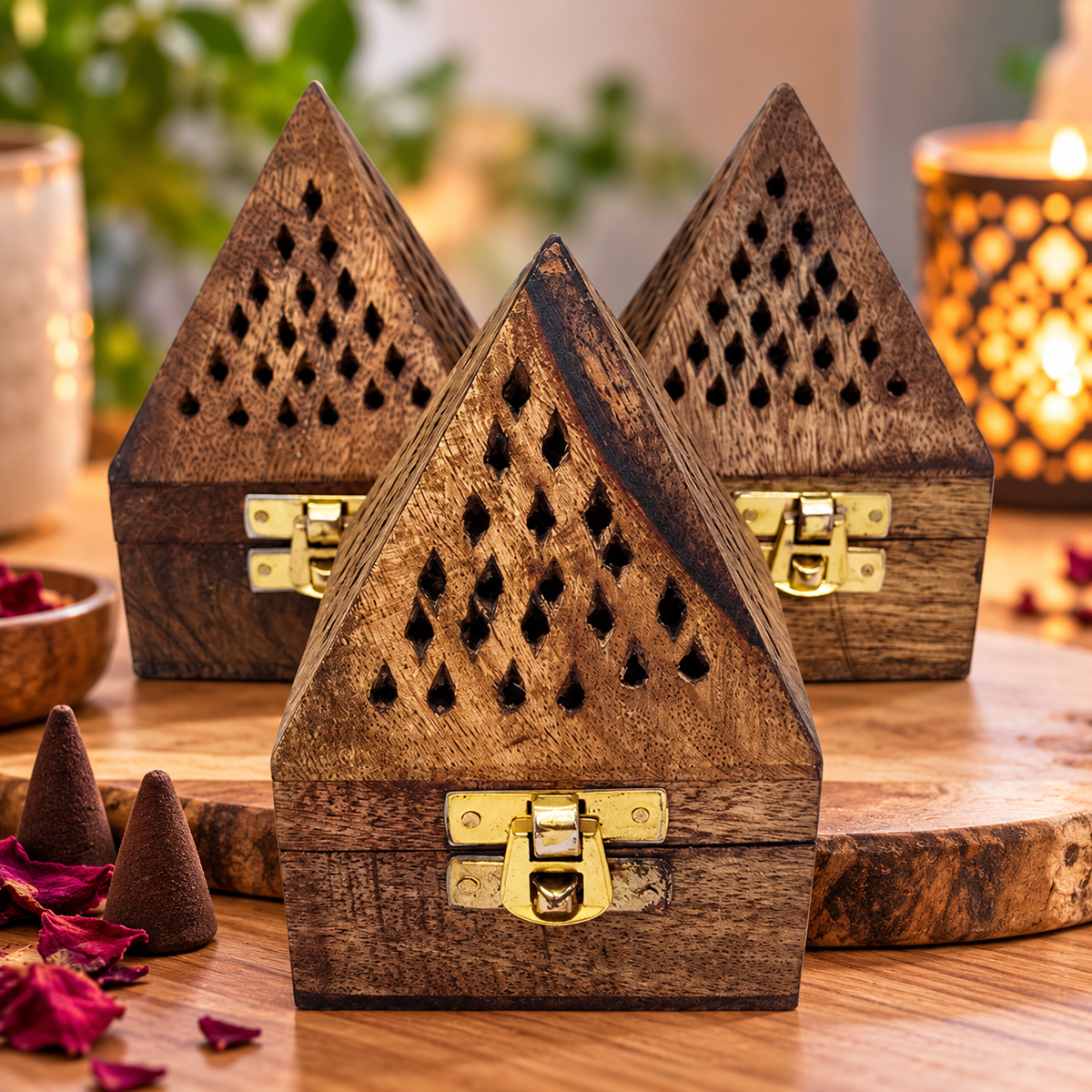 Three small triangular wooden boxes with cutout patterns and brass-tone clasps, arranged on a wooden surface with a warm blurred background and decorative rose petals.