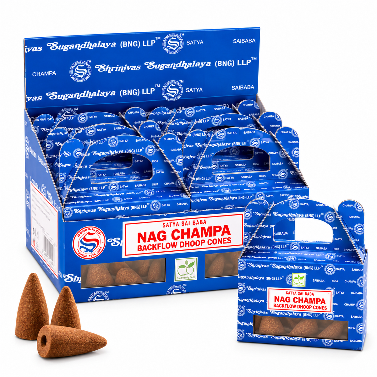 A retail display box and smaller individual box of Satya Sai Baba Nag Champa Backflow Dhoop Cones, with three loose brown conical incense cones in front, on a white background.