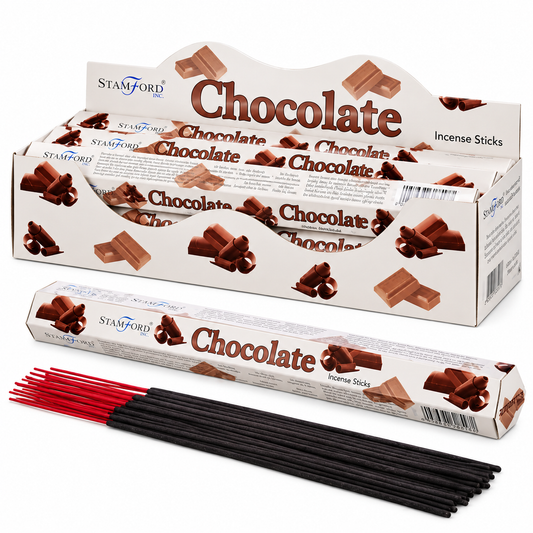 A display box and individual package of Stamford Chocolate Incense Sticks, with black incense sticks and red tips arranged in front on a white background.