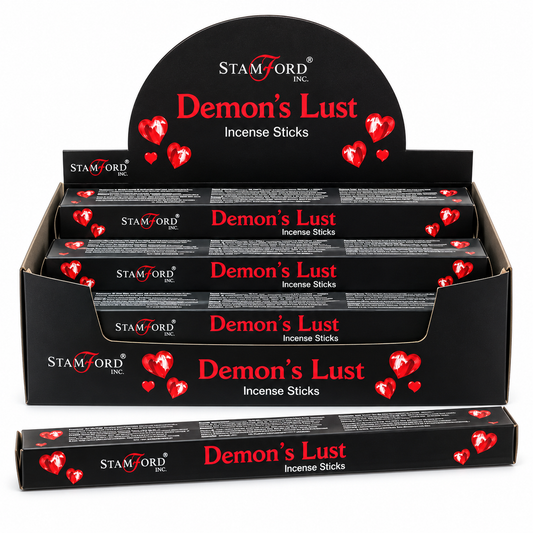 A display box of Stamford Incense Sticks featuring the scent 'Demon's Lust' in black packaging with red and white text and heart graphics, shown on a white background.