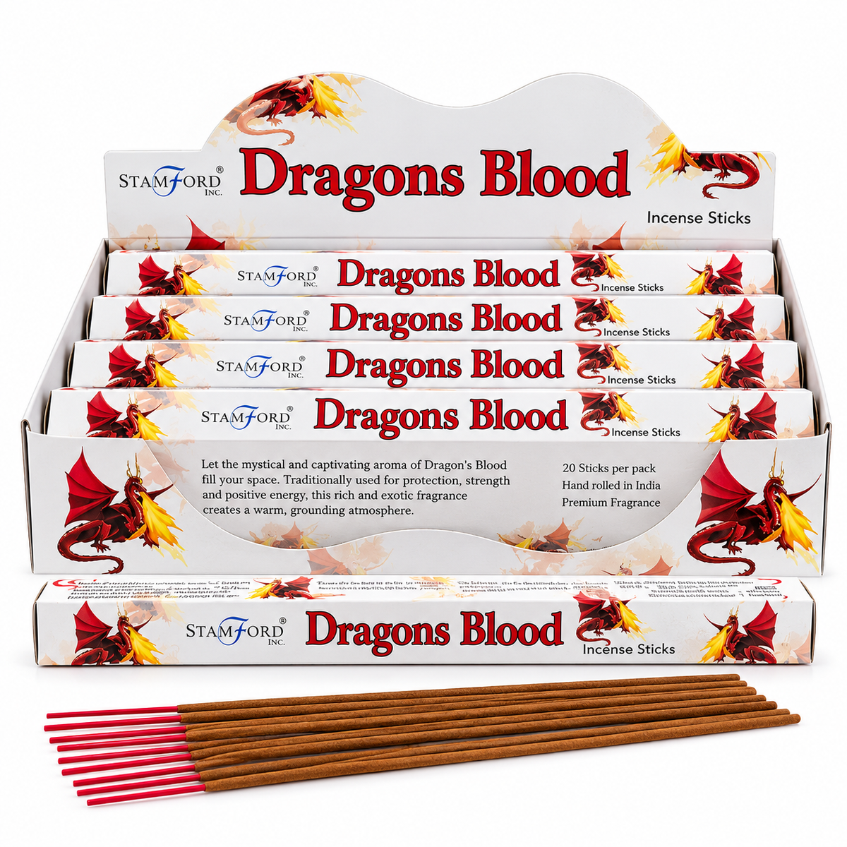 A display box of Stamford Dragons Blood incense sticks, with several individual sticks placed in front on a white background.