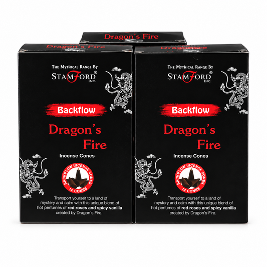 Two black boxes of Stamford Inc. Backflow Dragon's Fire incense cones, featuring red and white text and dragon illustrations, set against a plain white background.