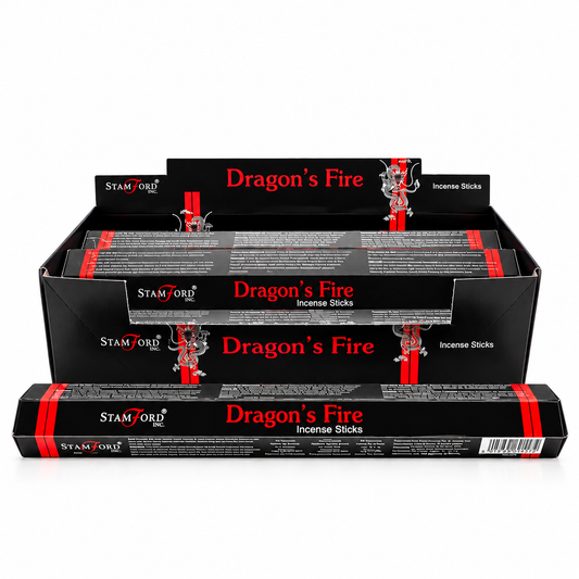 Three black boxes of Stamford Dragon's Fire incense sticks arranged in a stack on a white background.