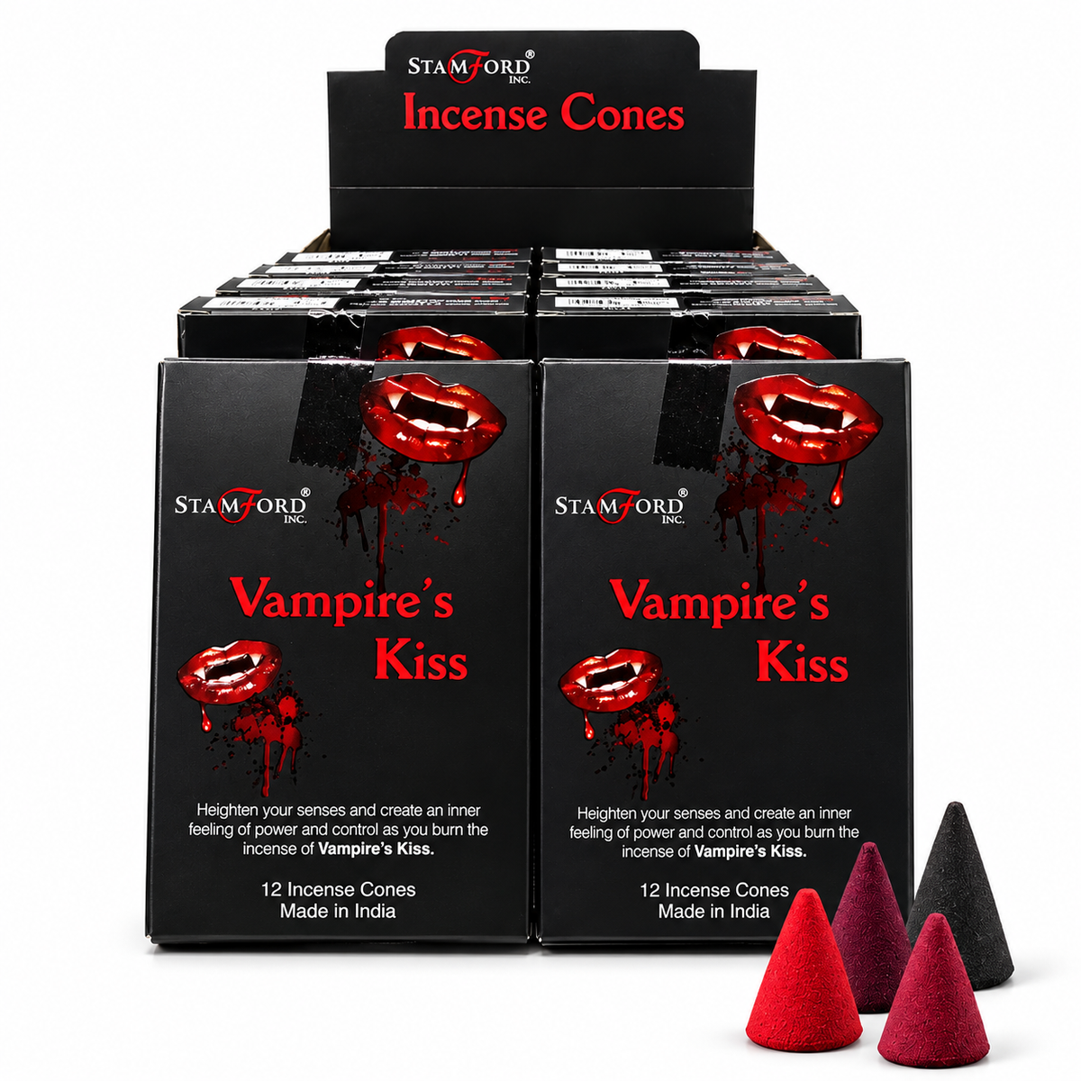A display box and four individual boxes of Stamford Vampire's Kiss incense cones, with four red and two black pyramid-shaped incense cones displayed in front on a white background.