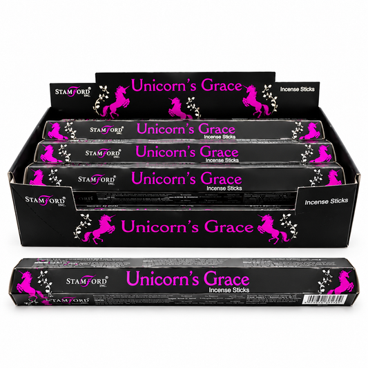 A display box of Stanford Unicorn's Grace incense sticks, showing multiple black boxes stacked inside and one box in front, featuring a bright pink unicorn graphic and white text on a white background.