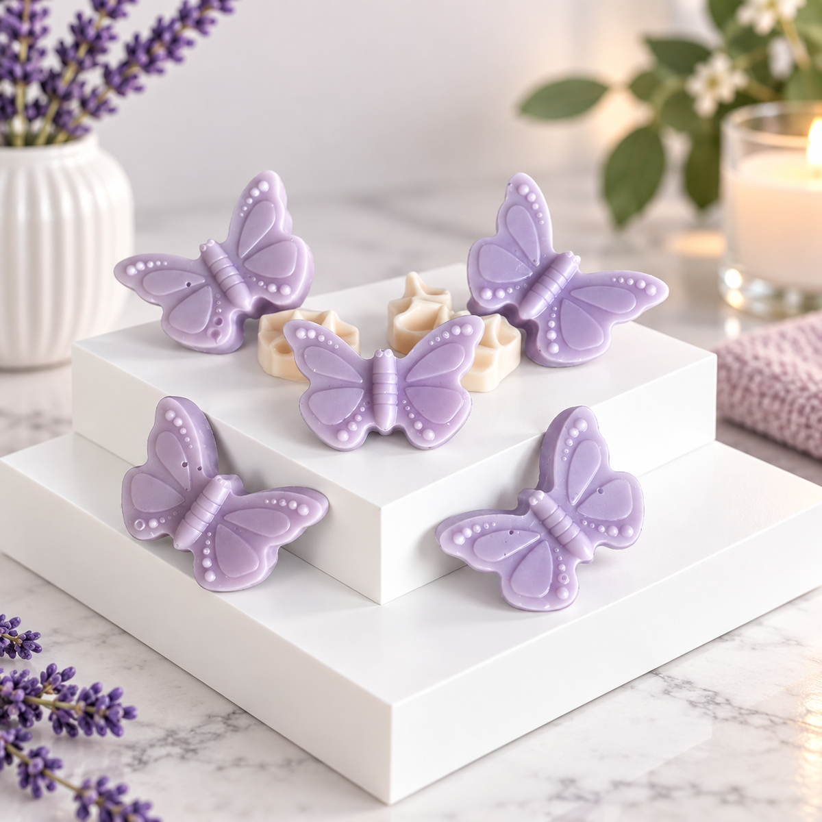 Five lavender butterfly-shaped wax melts arranged on a white tiered display block. The scene is styled with lavender stems in a white vase and a lit candle in the background on a marble surface.