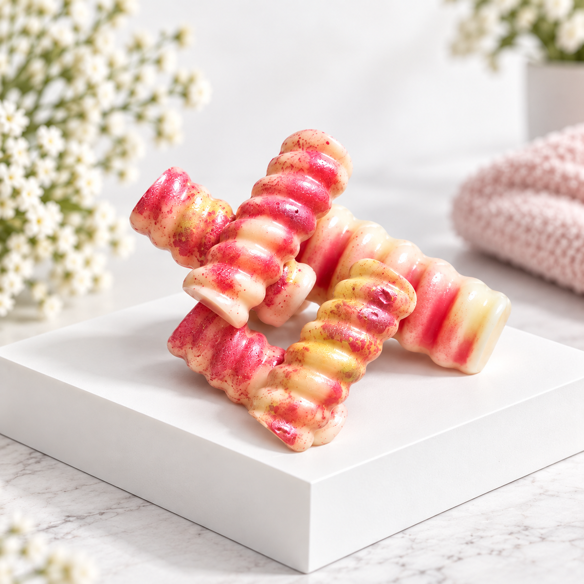 Three twisted Wax Melt with a pink and cream marbled pattern and small yellow accents, displayed on a white rectangular pedestal with soft floral and knit background props.