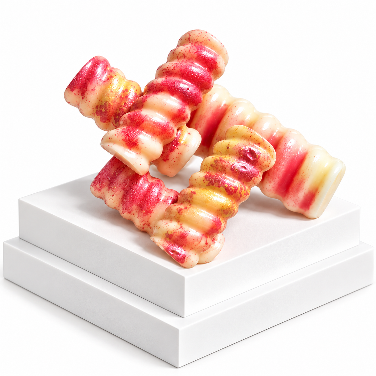 Three twisted, spiral-shaped Wax Melts with red and pale yellow marbled coating, displayed on a white pedestal against a white background.