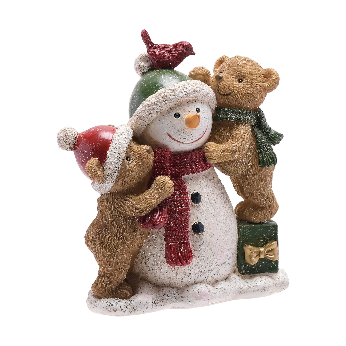 Decorative figurine of a snowman with two bears on a white background