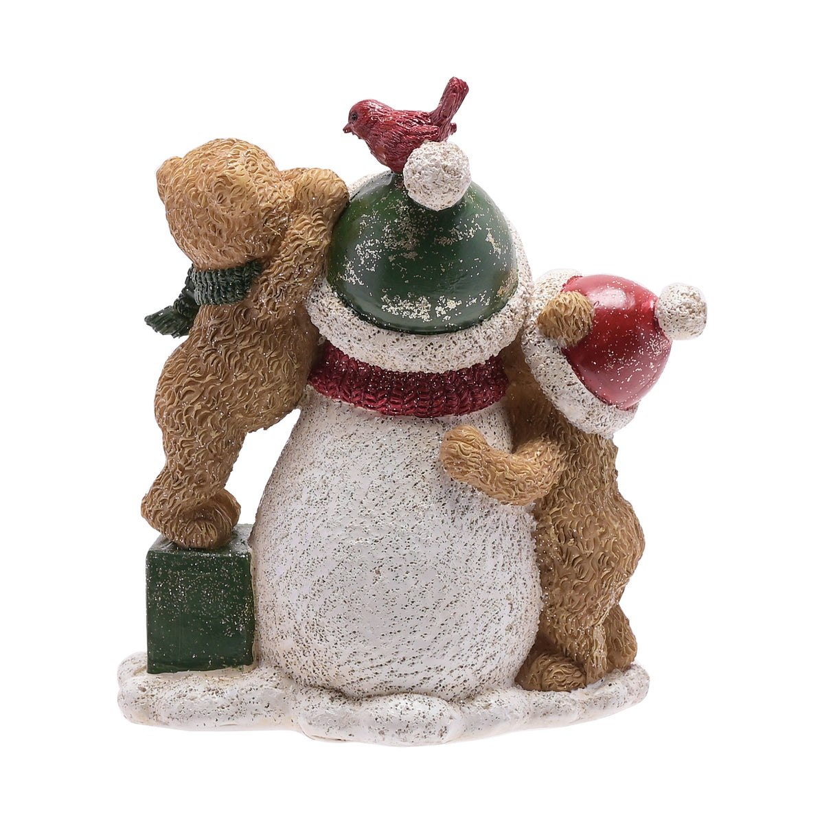 Decorative figurine of a snowman with a bear and a bird on top, on a white background