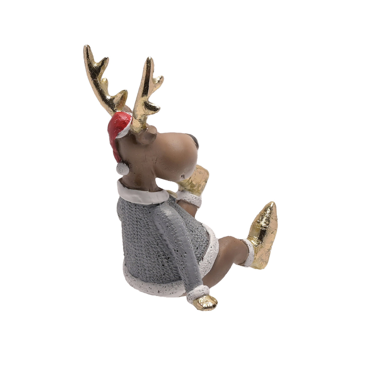 Decorative reindeer figurine wearing a sweater and Santa hat on a white background