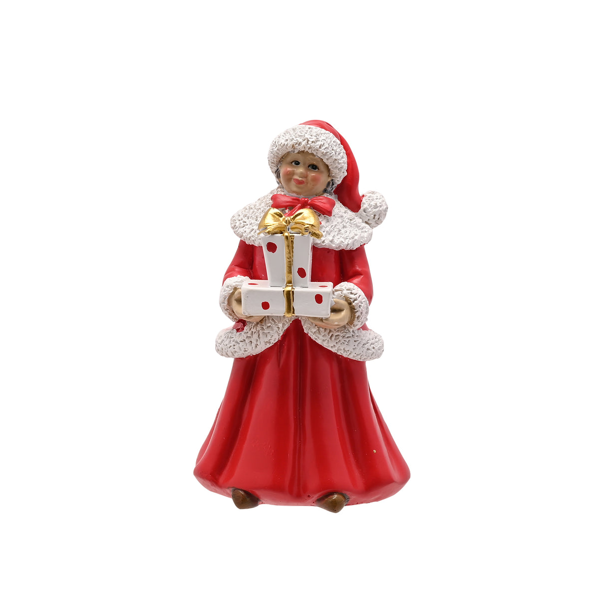 Christmas-themed figurine of a woman in a red dress holding a gift box on a white background