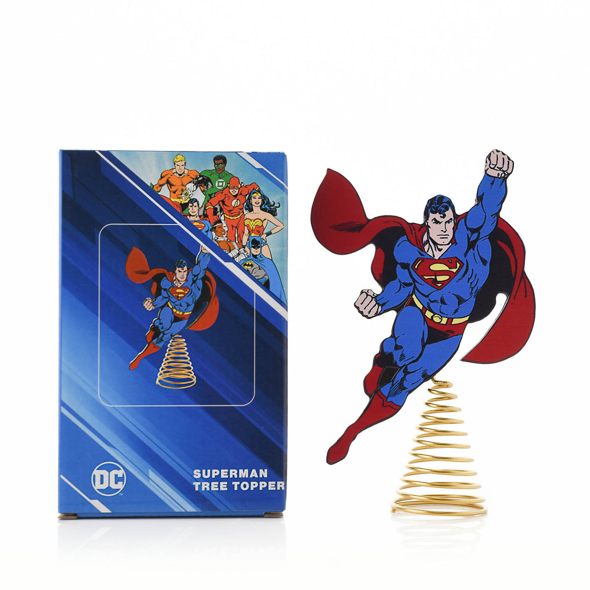 Superman tree topper with packaging on a white background