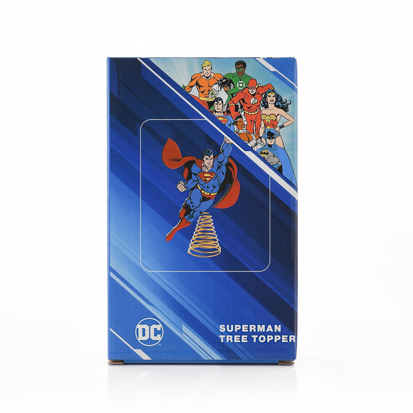 Superman tree topper packaging with DC logo on a white background