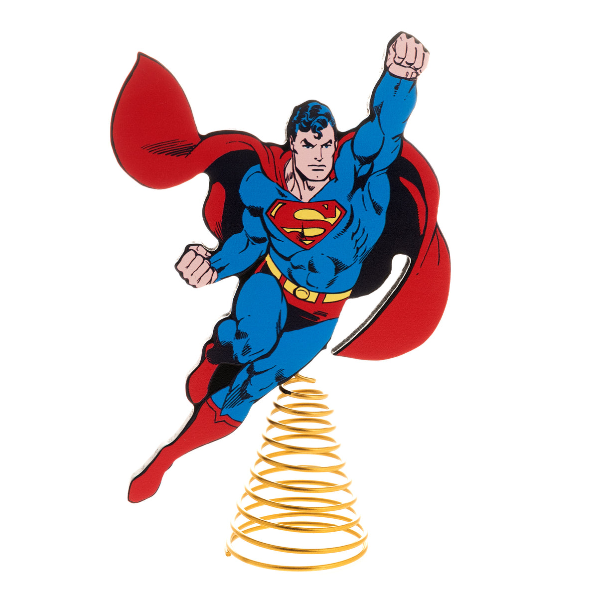 Superman toy figure with red cape and blue suit on a white background