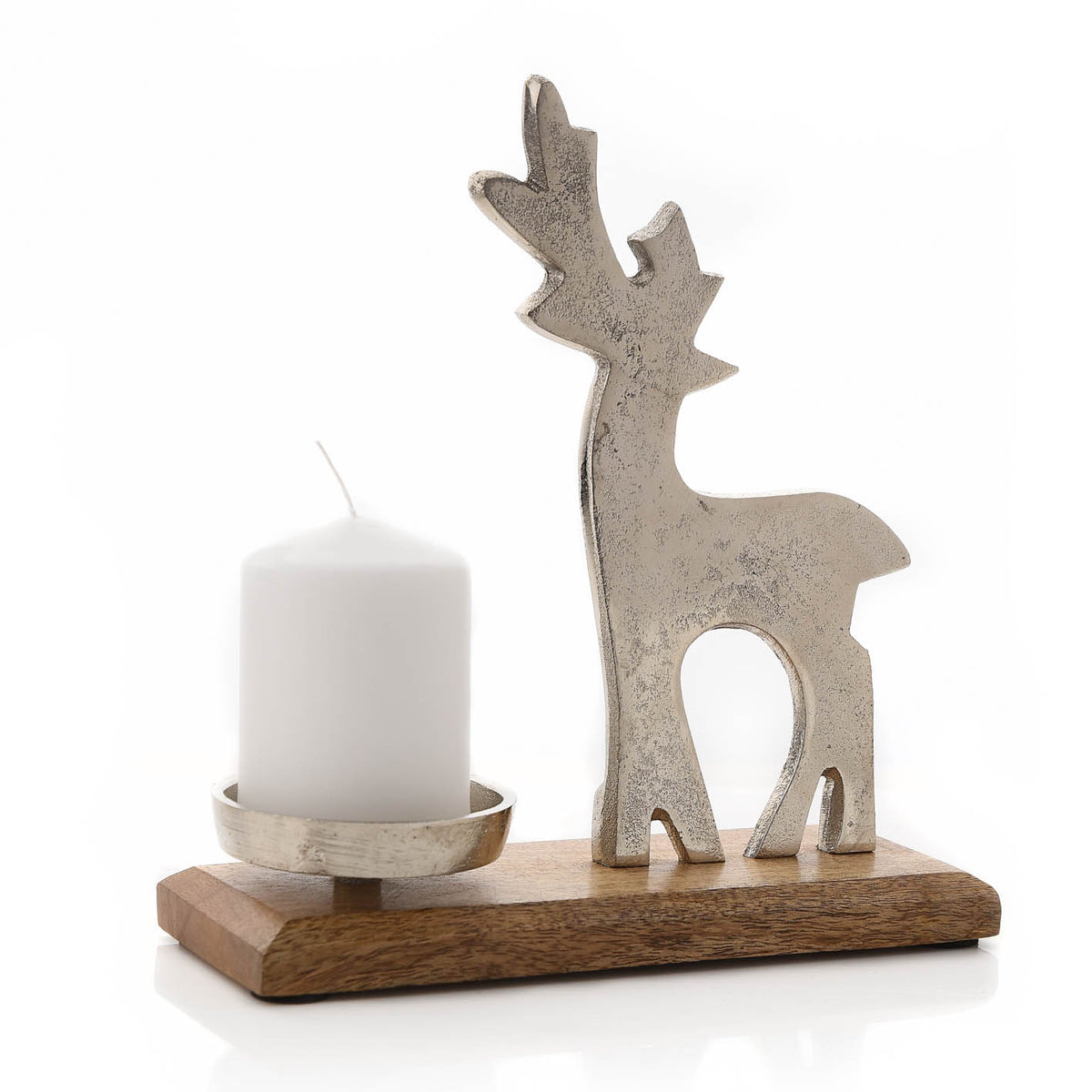 Decorative candle holder with a reindeer figure on a wooden base