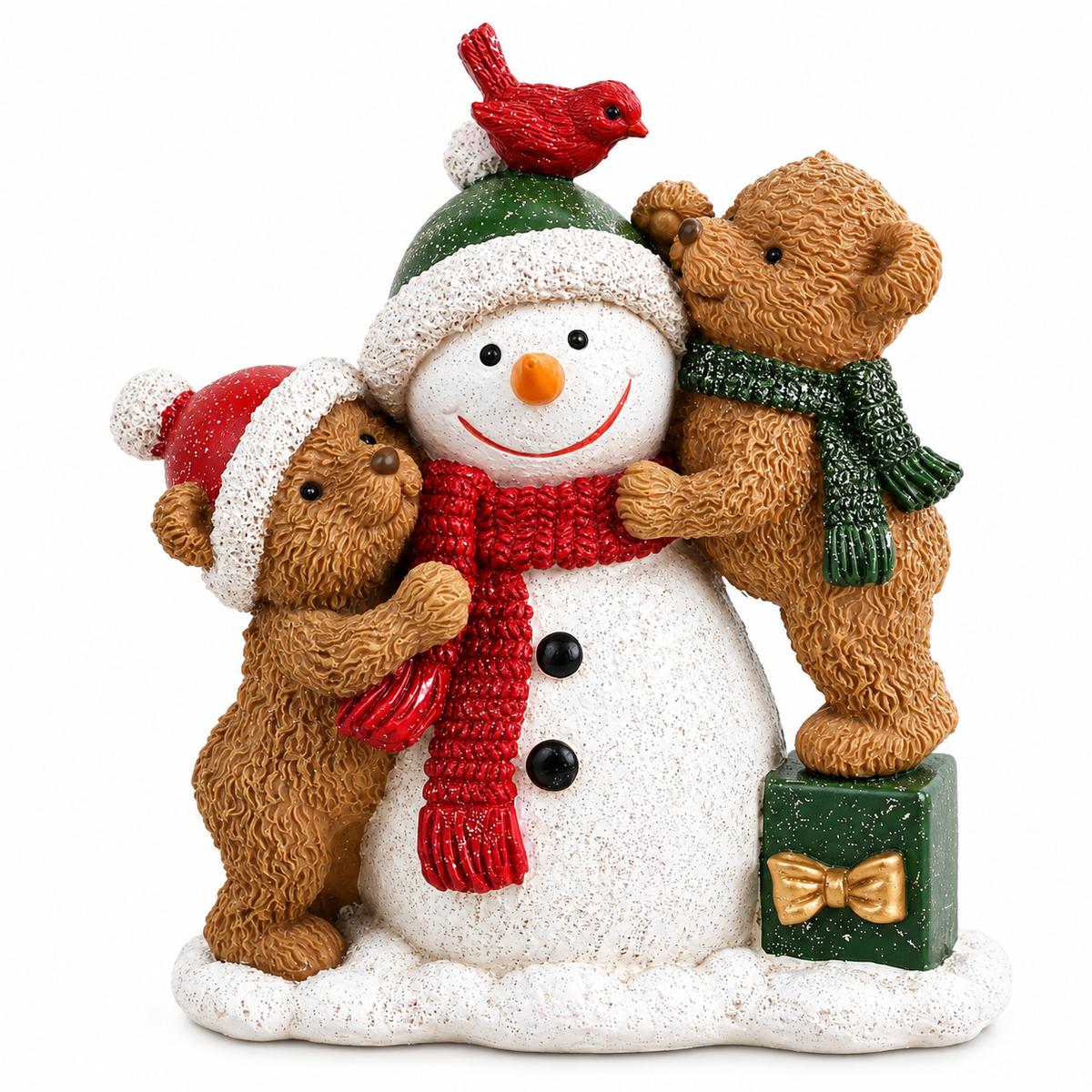 A festive resin figurine of a snowman with three teddy bears. The snowman wears a green and white Santa hat, a red knit scarf, and has black buttons.