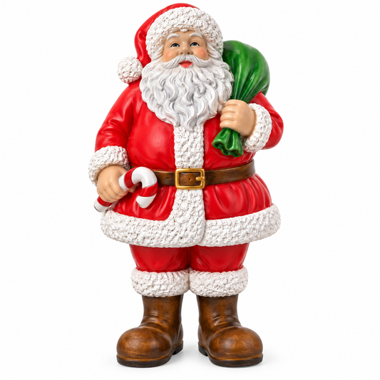 A Santa Claus figurine standing and holding a green sack on one shoulder, a candy cane in one hand, and wearing a red suit with white trim, brown boots, and a brown belt with a gold buckle, photographed on a plain white background.