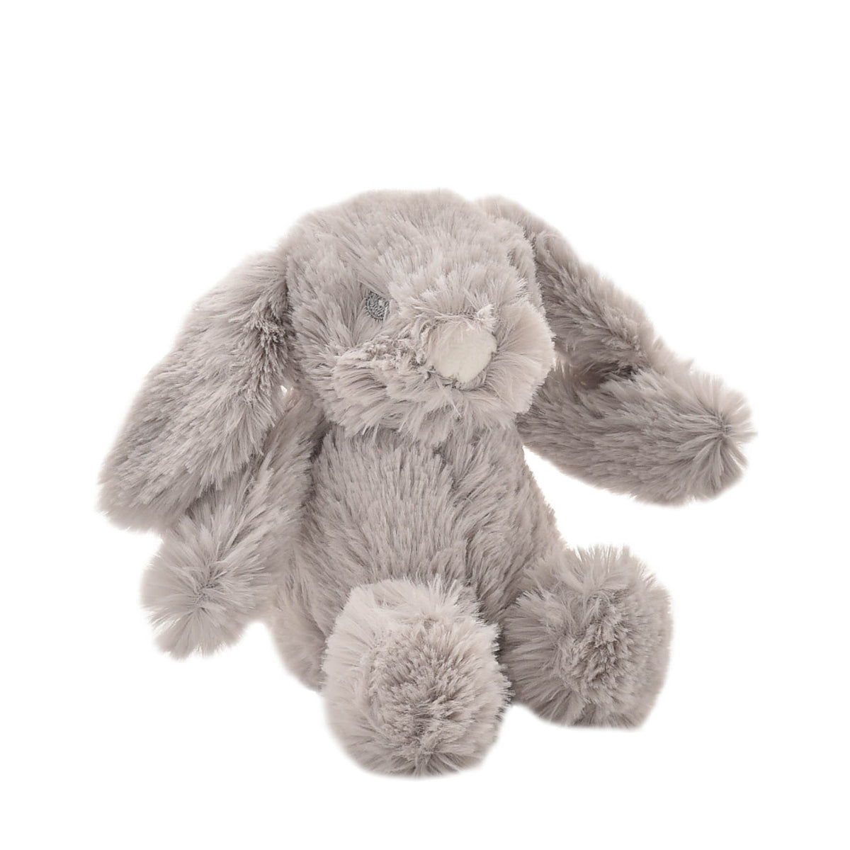 Gray plush rabbit toy on a white background