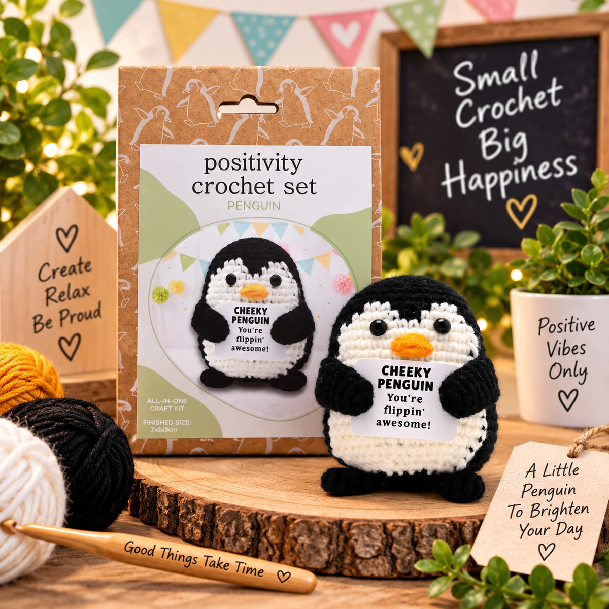 Positivity Crochet Set Penguin kit shown with its packaging box and a finished crocheted penguin. The scene includes yarn balls, a wooden crochet hook, decorative signs, and greenery in a styled tabletop setup.