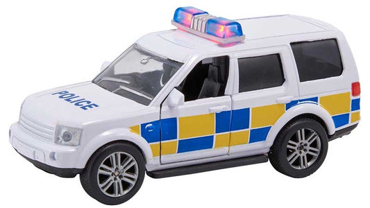 Toy police car with blue and yellow checkered pattern on a white background