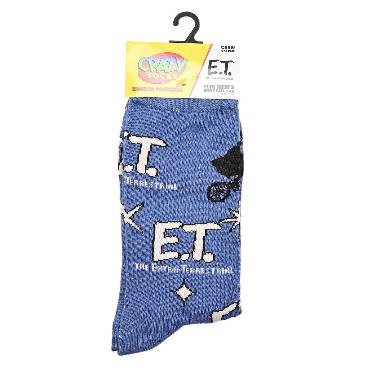 Blue sock with E.T. branding on a white background