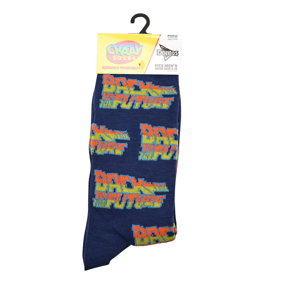 navy blue socks with a colorful 'Back to the Future' on a white background