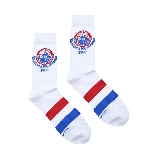 White socks with red and blue stripes featuring a logo and text on a white background